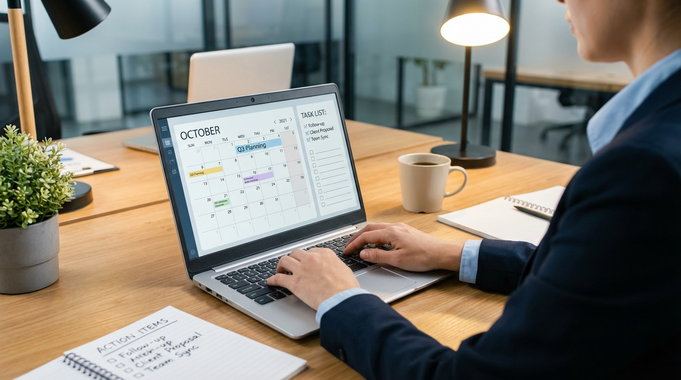 Professional reviewing a follow-up plan on laptop with calendar visible
