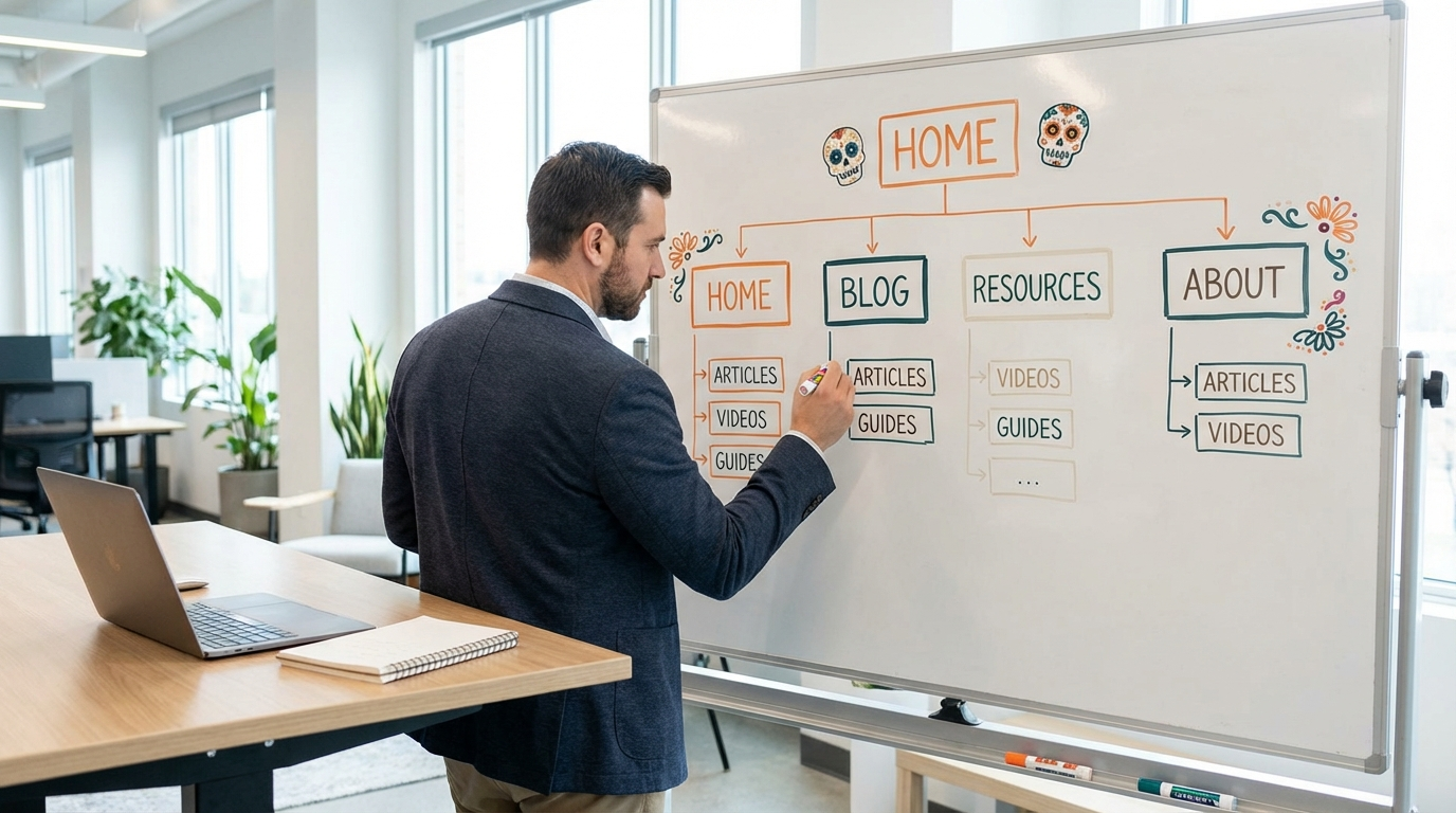 Person planning RFP response strategy with flowchart on whiteboard
