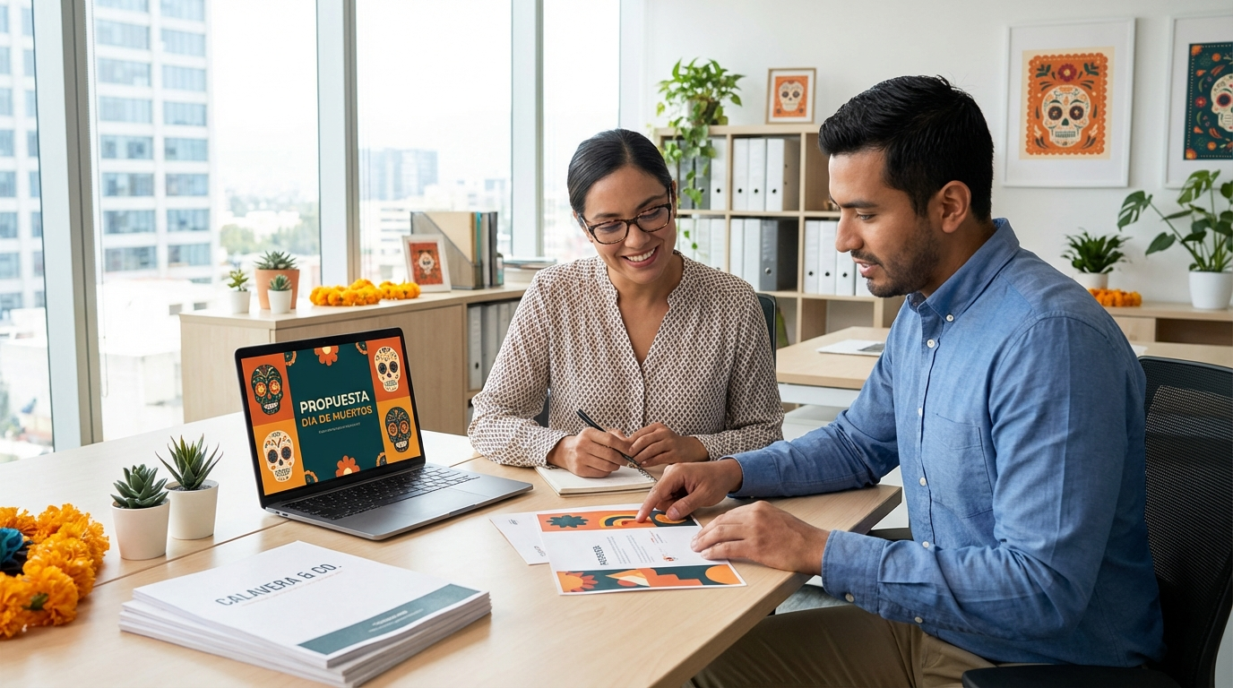 Business professionals reviewing proposal documents together