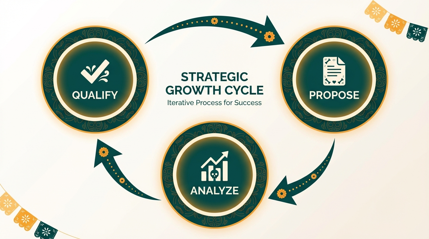 RFP response process flowchart showing three key steps: qualify, propose, and analyze