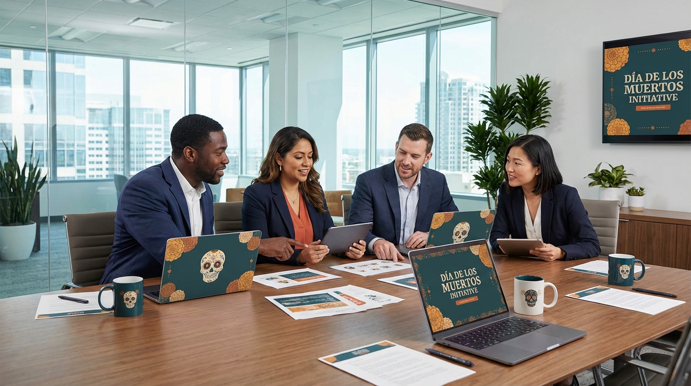 Sales team collaborating on RFP response around a conference table