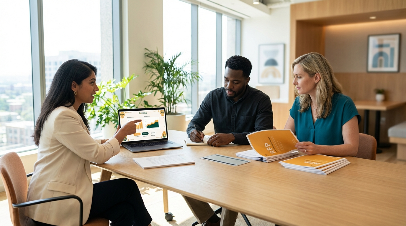 Three business professionals collaborate around a laptop and documents, discussing a strategic request for proposal.
