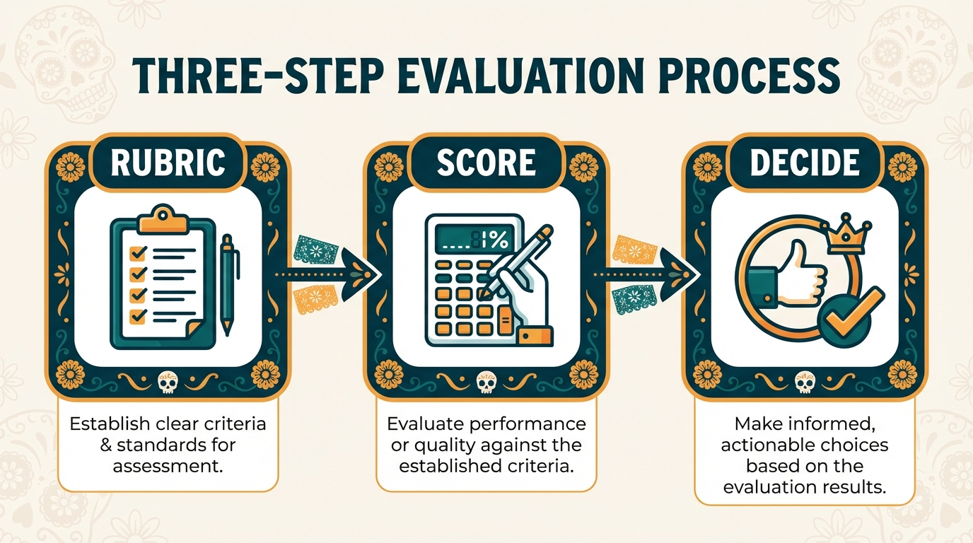 A diagram outlining an evaluation framework with three steps: Rubric, Score, and Decide.