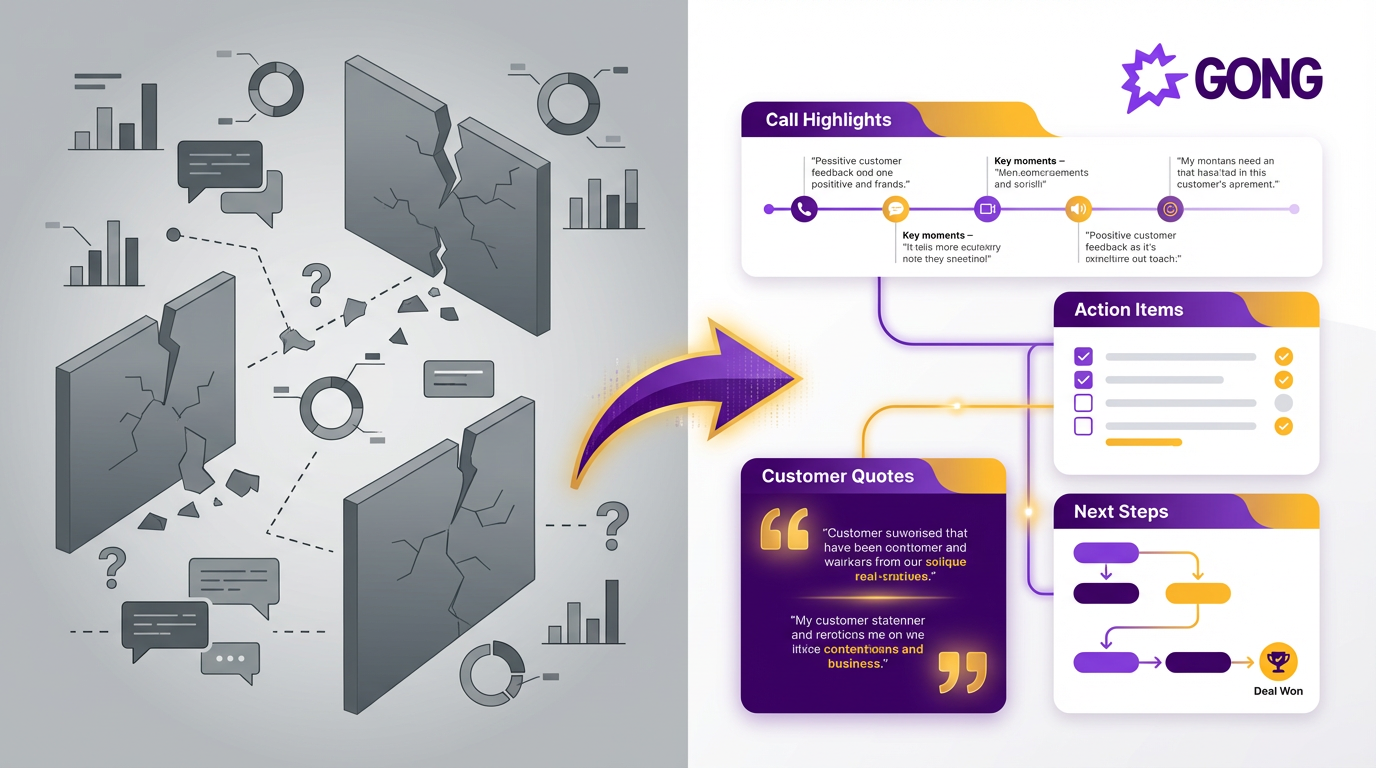 Before and after comparison - Left side shows siloed Gong data, right side shows integrated 1-pager execution