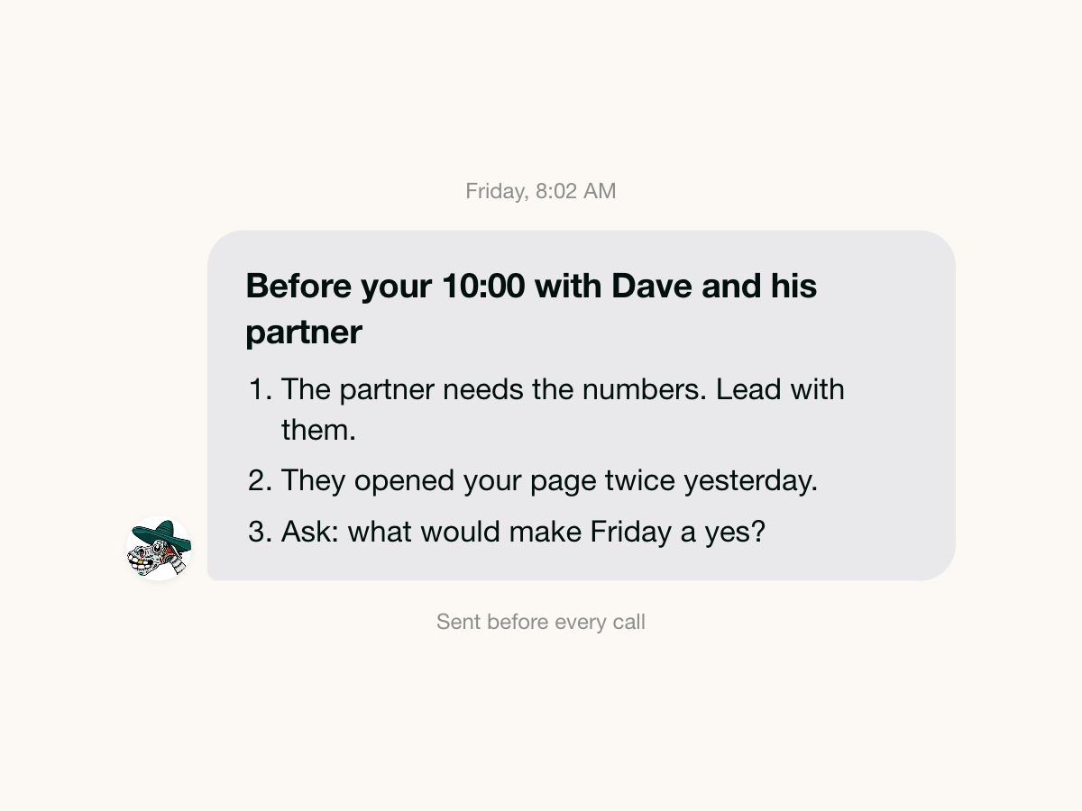A text from Dante with three things to know before the next call