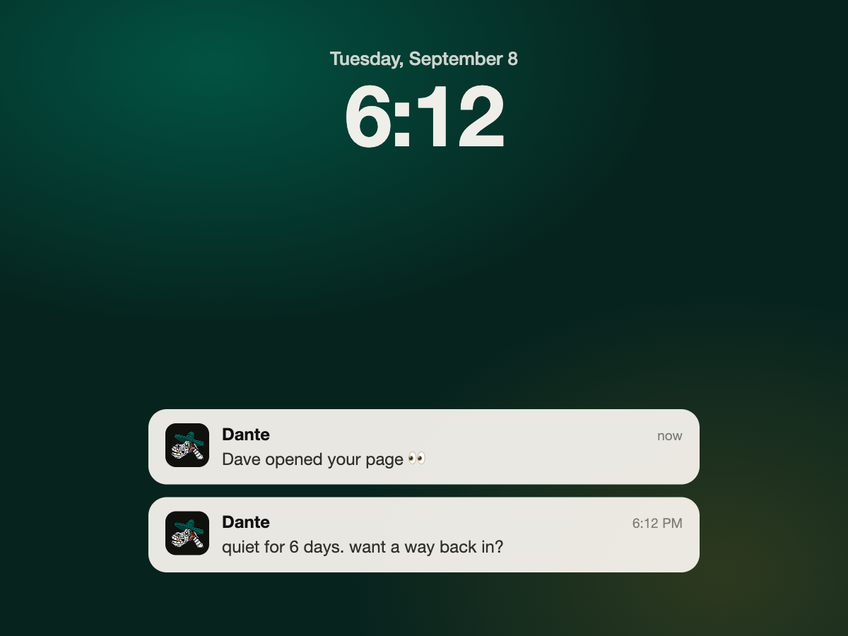 A text from Dante nudging you about a quiet deal