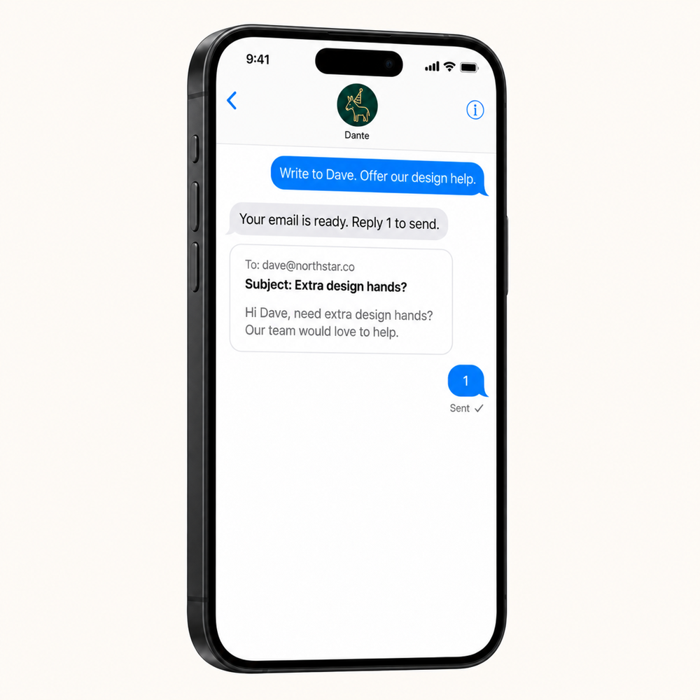 A phone showing ai writer answering a text