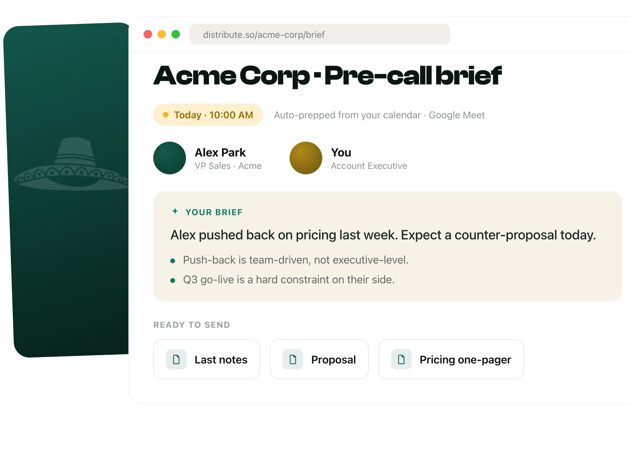 A Distribute pre-call brief for Acme Corp, auto-prepped from your calendar with prospect context, past notes, and content ready to send