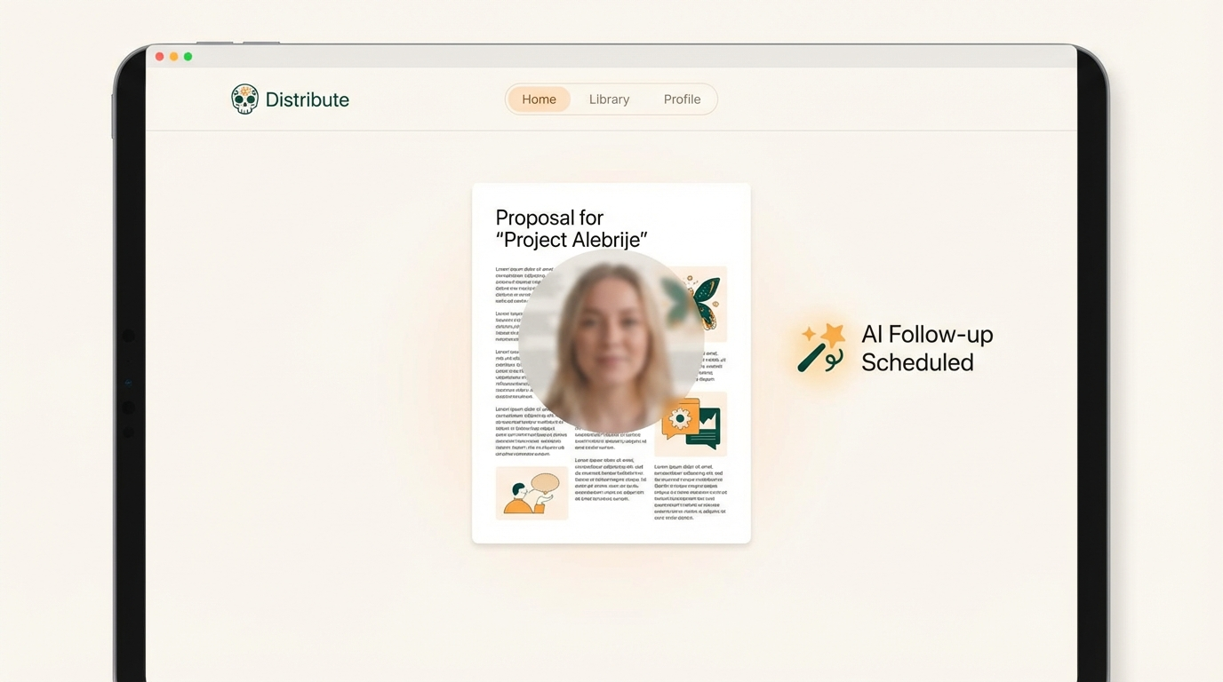 Distribute Command Center - Clean UI showing video recording over proposal with AI Follow-up Scheduled