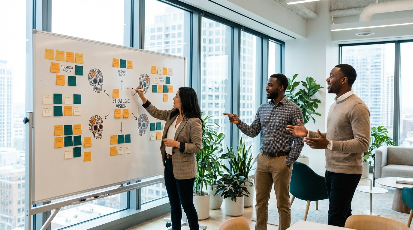 Three professionals brainstorming ideas on a whiteboard with sticky notes in a modern office setting.