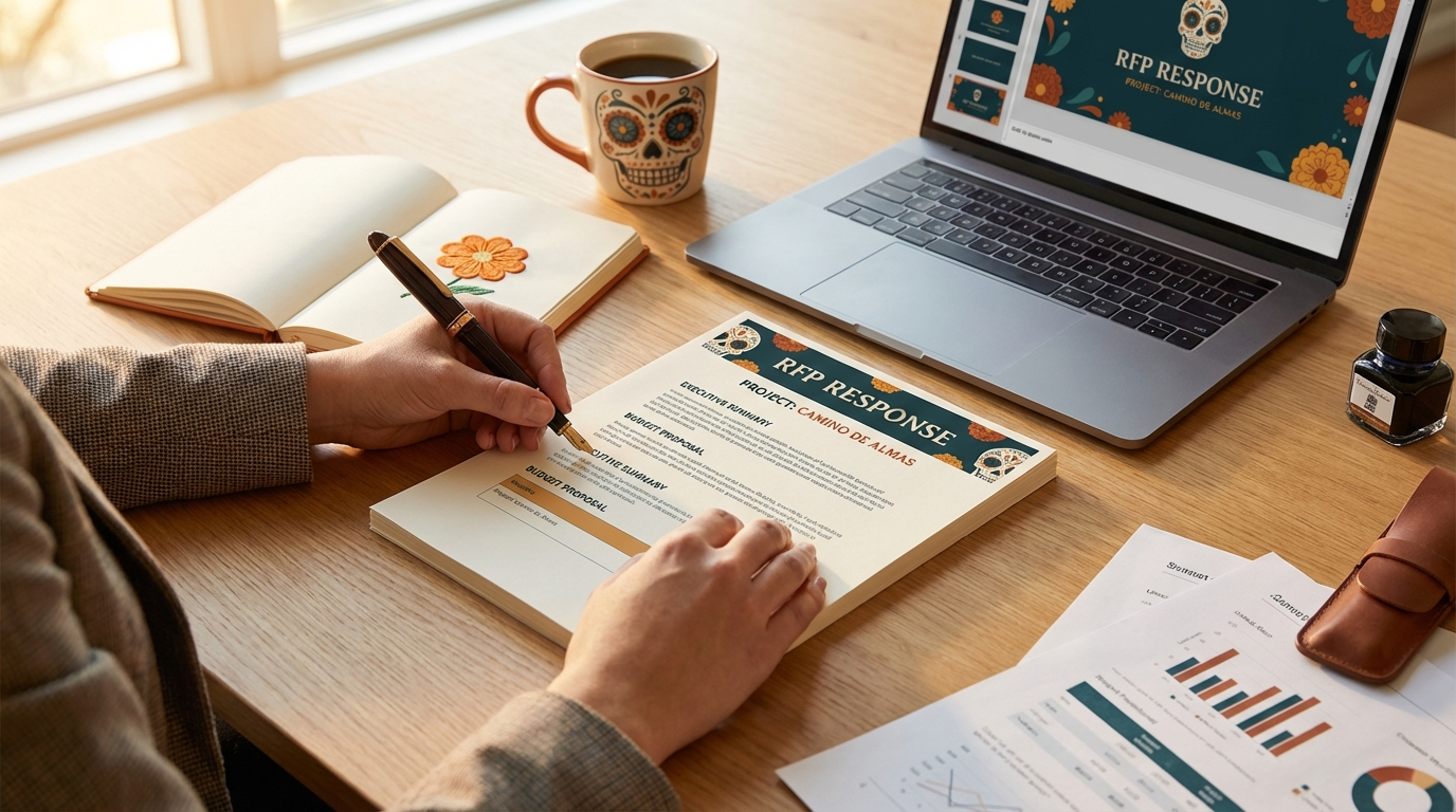 A person's hands are seen writing on a document with a pen, next to a laptop and books.