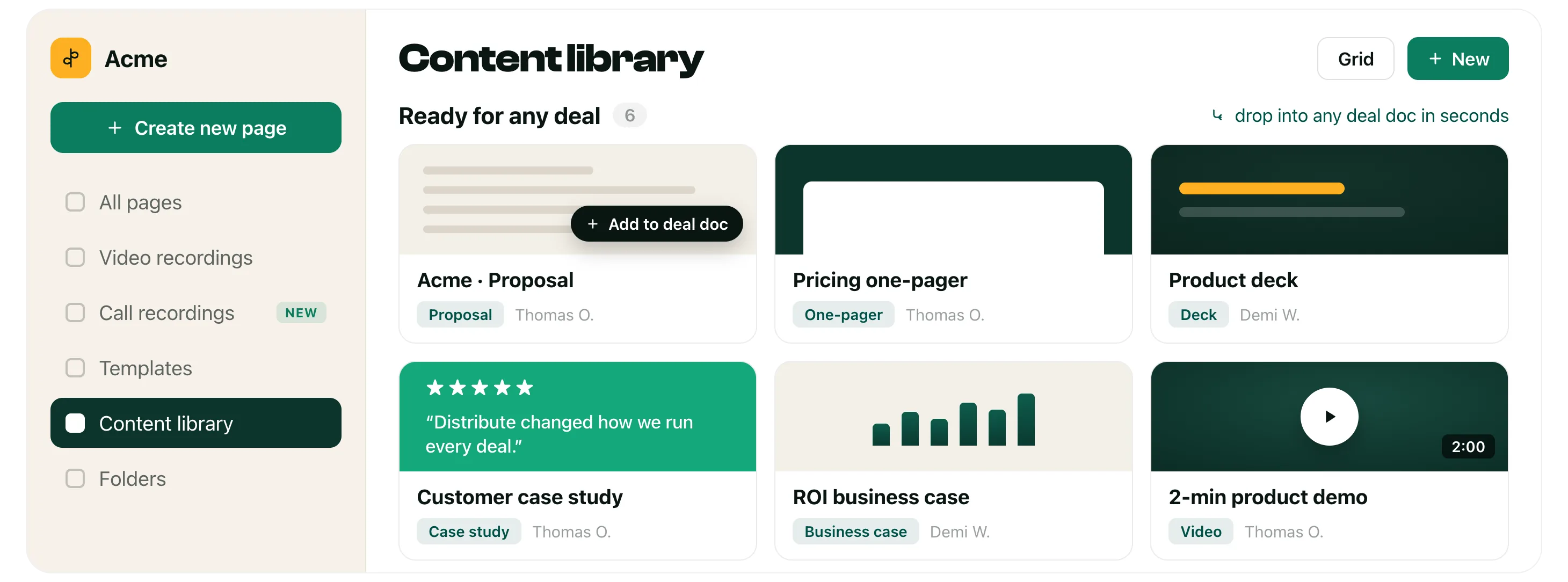Distribute's content library: proposals, one-pagers, decks, case studies, and videos ready to drop into any deal page in seconds