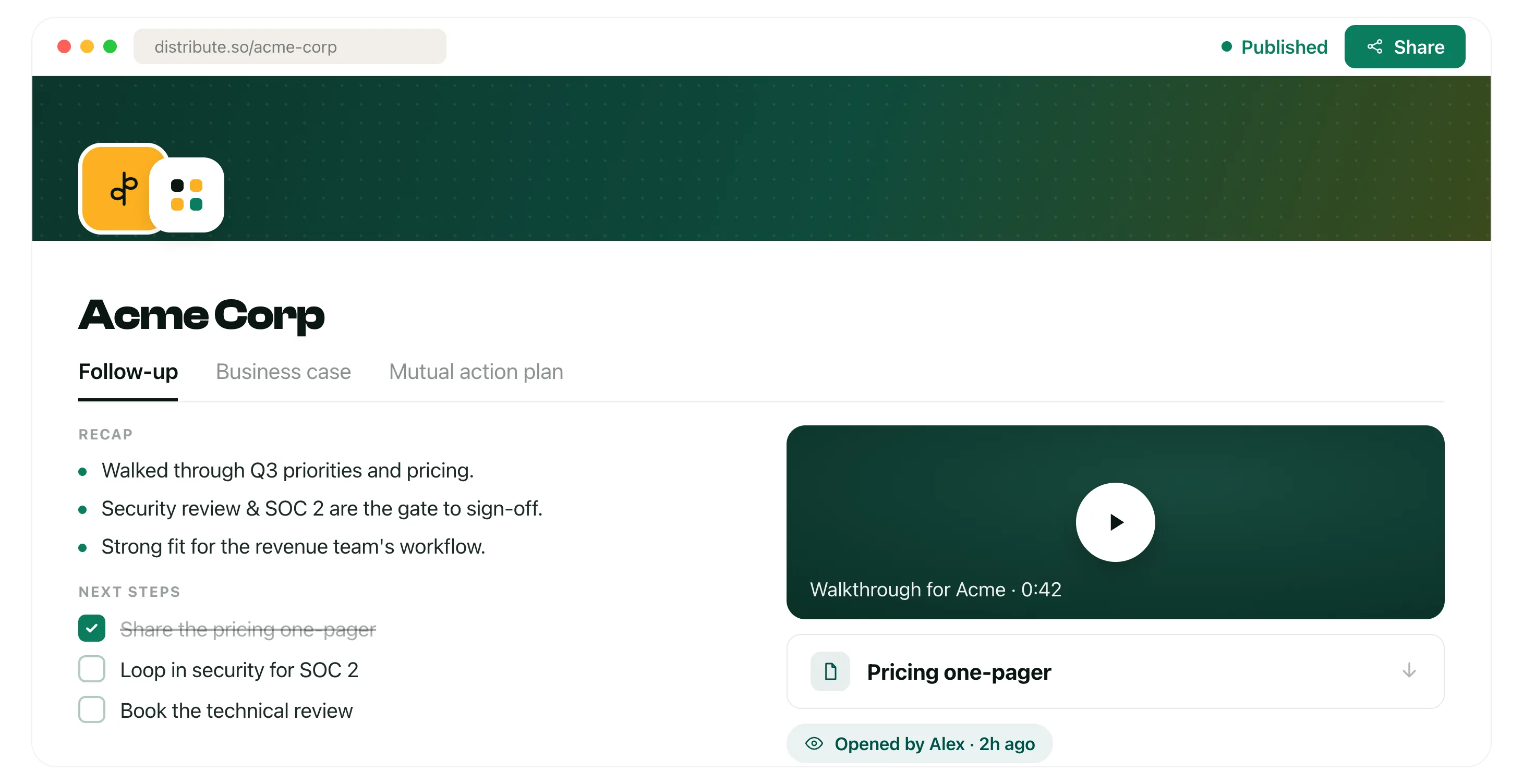 A buyer-facing Distribute page for Acme Corp: a published, shareable link with a recap, next steps, a video walkthrough, an attached one-pager, and view tracking