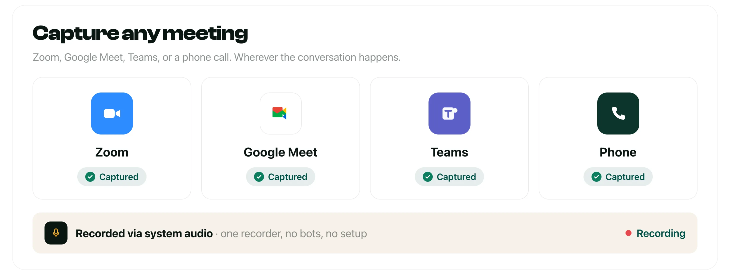 Distribute captures Zoom, Google Meet, Teams, and phone calls via system audio. One recorder, no bots, no setup