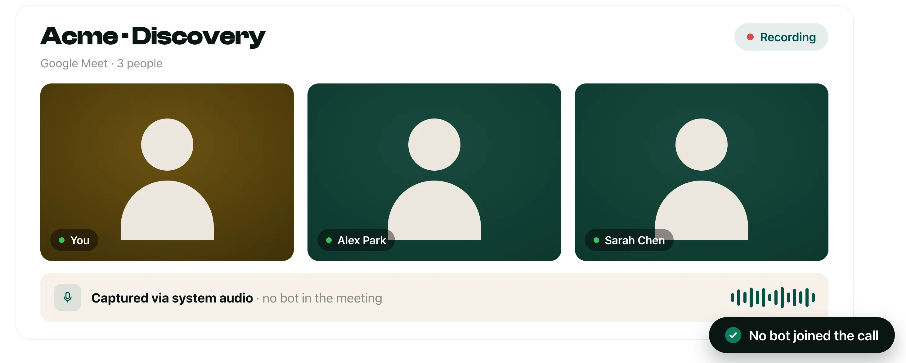 A live Acme discovery call with three human participants. Distribute captures it via system audio with no bot joining the meeting