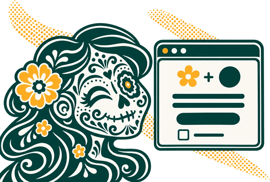 A winking Catrina calavera next to a co-branded one-pager