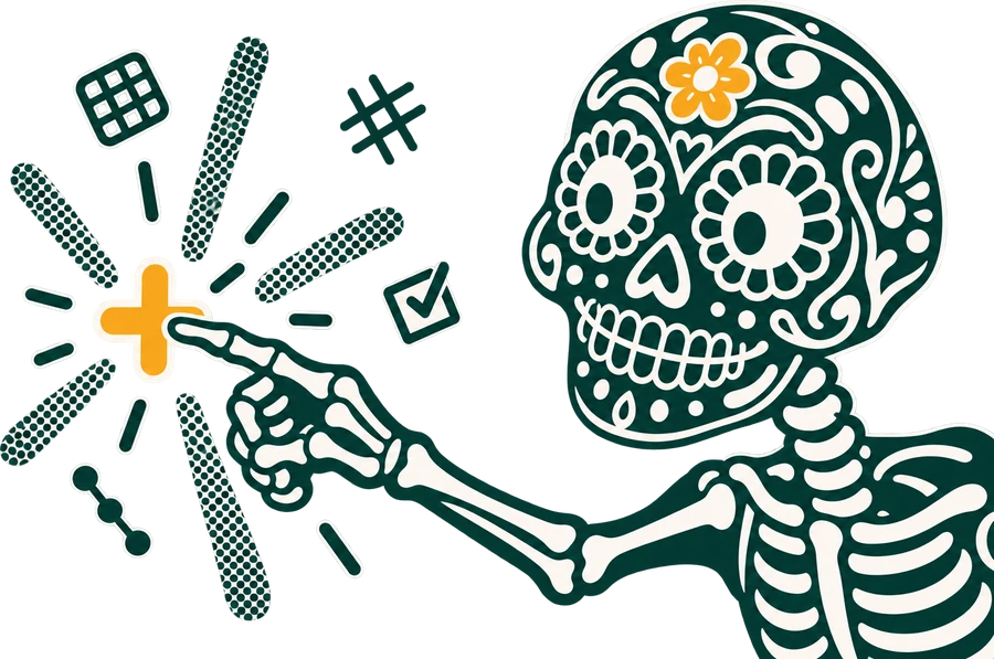 A calavera skeleton poking a marigold plus sign