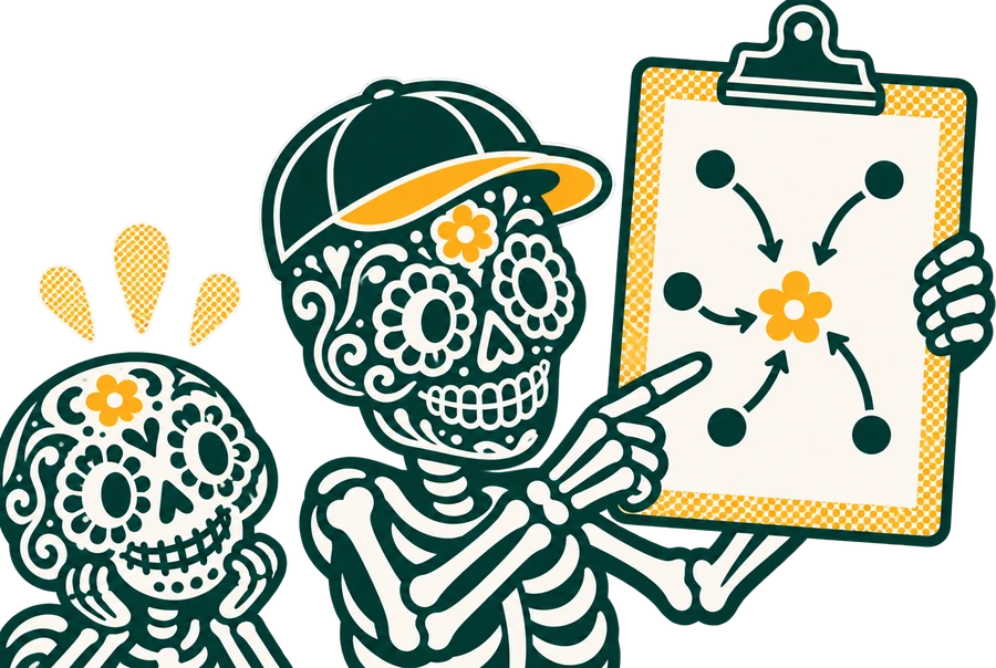 A coach calavera pointing at a clipboard where every tool connects to one flower
