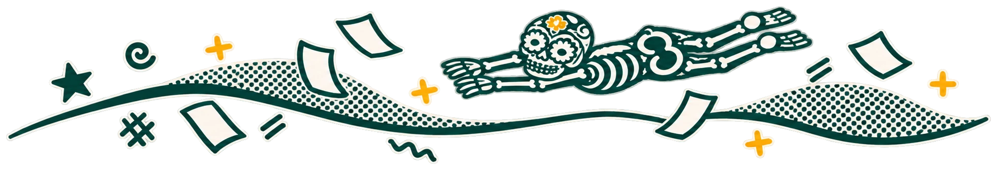 A calavera skeleton diving over a wave of flying pages