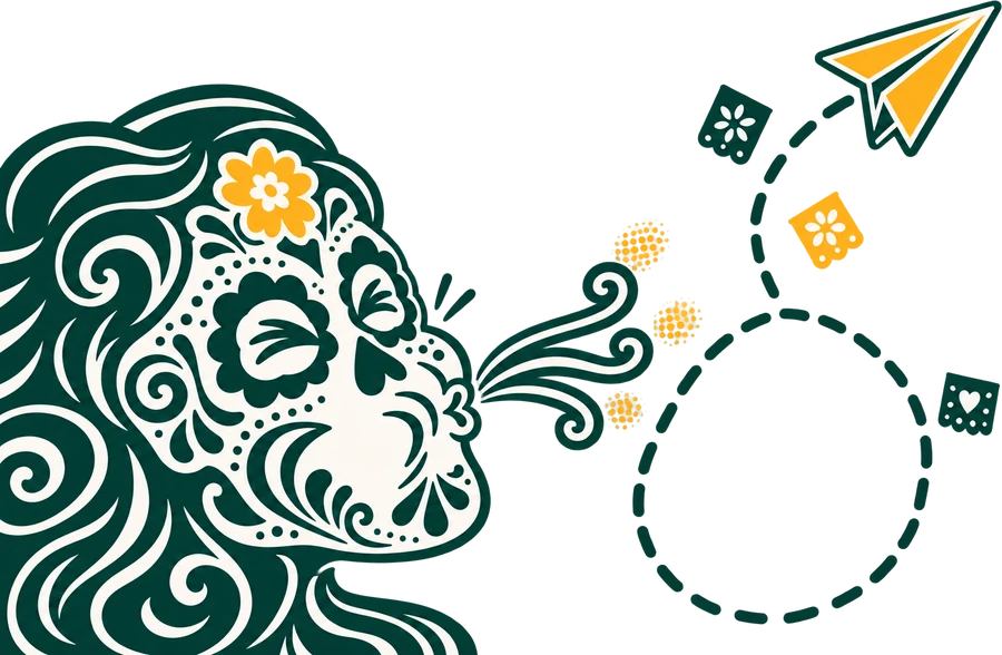 A calavera blowing a marigold paper plane along a looping dashed trail