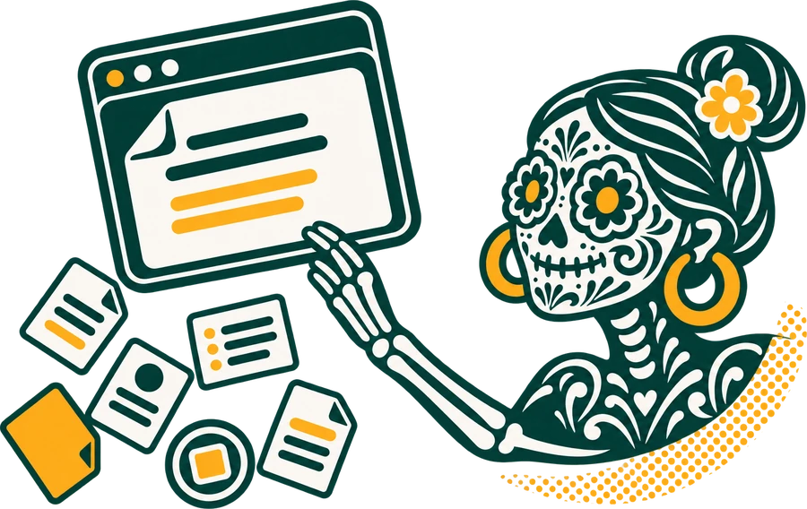 A calavera with marigold hoop earrings reaching into a browser as templates spill out