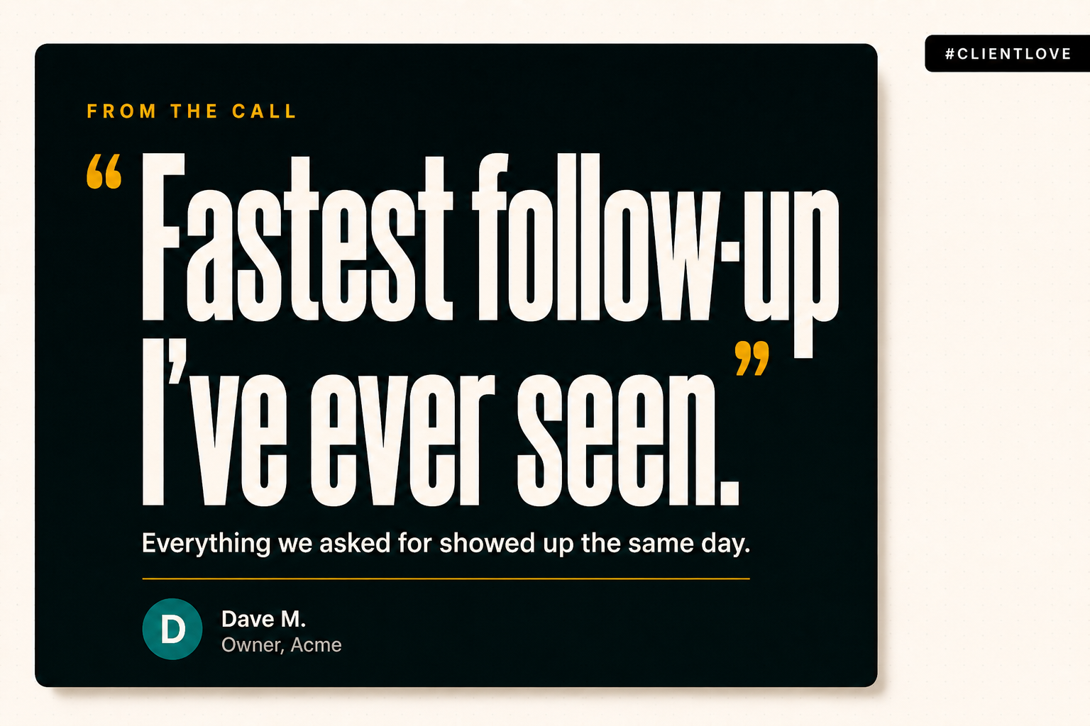 A shareable testimonial card from the call